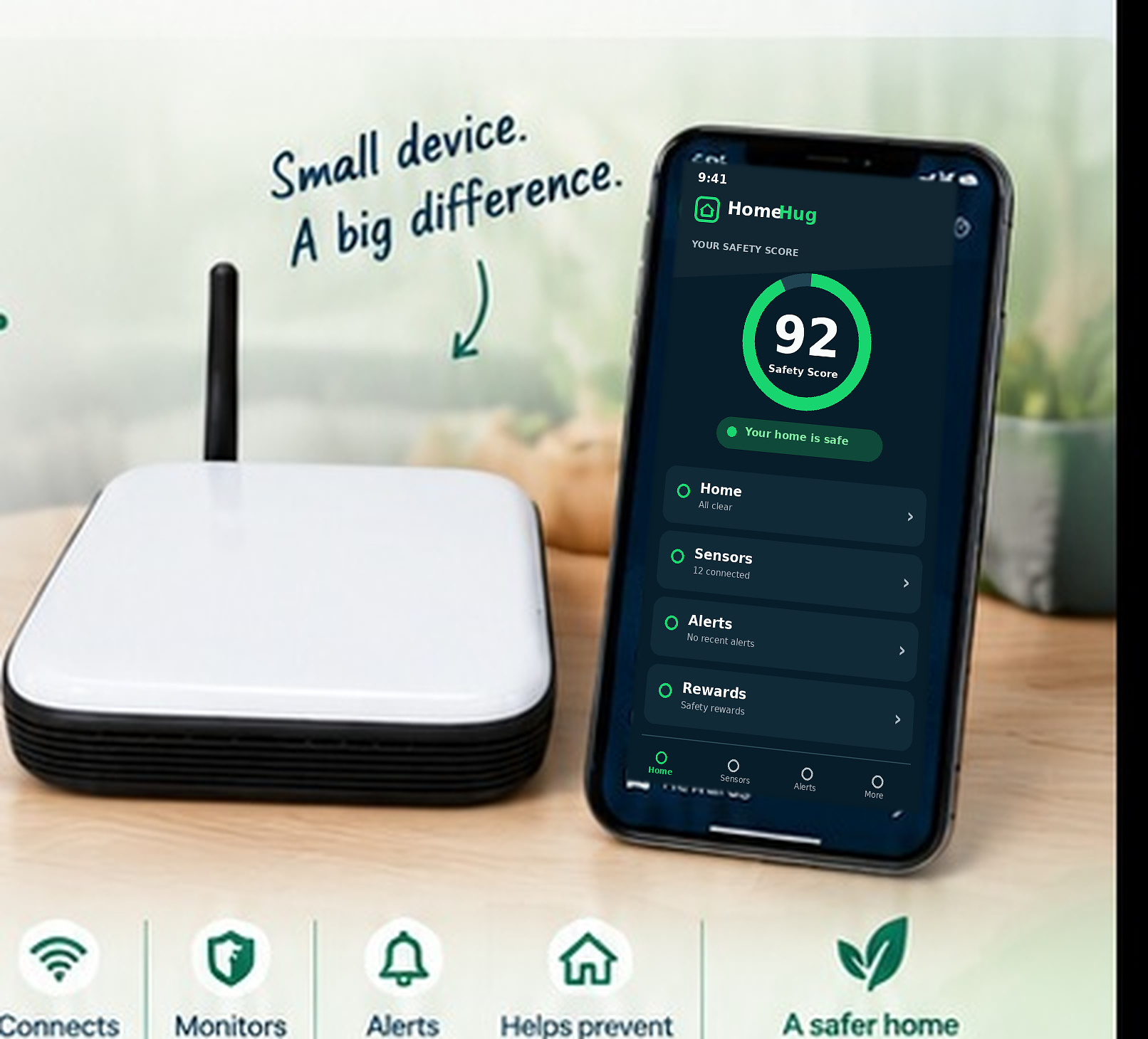 HomeHug Gateway and HomeHug app showing a live Safety Score